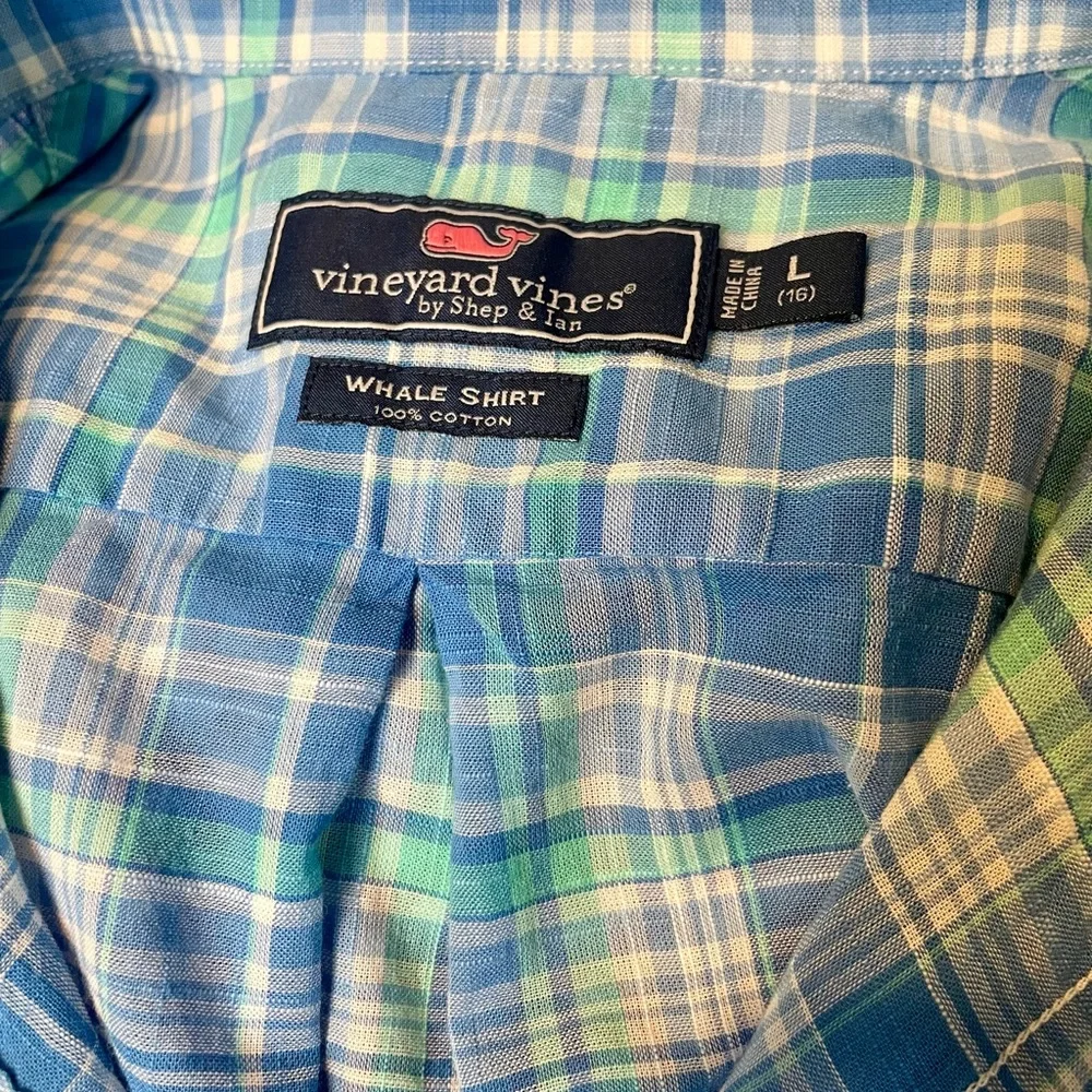 Vineyard Vines Boy's L(16) 100% Cotton Blue & Green Plaid Button-Down Shirt